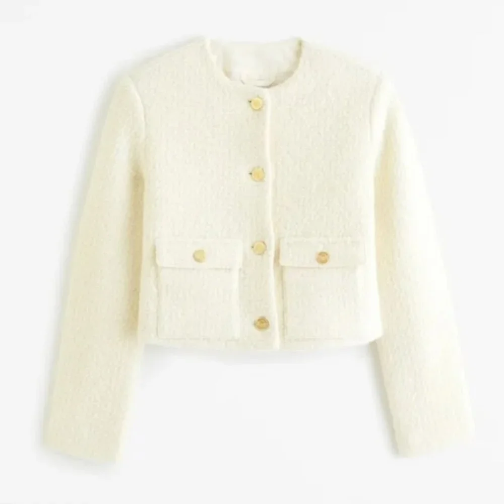 Abercrombie & Fitch Boucle Cream Collarless Jacket